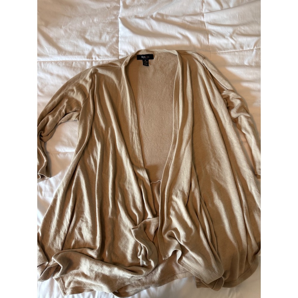 Style & Co Womens XL Tan Beige Open Front Draped Waterfall Cardigan Pleated Back